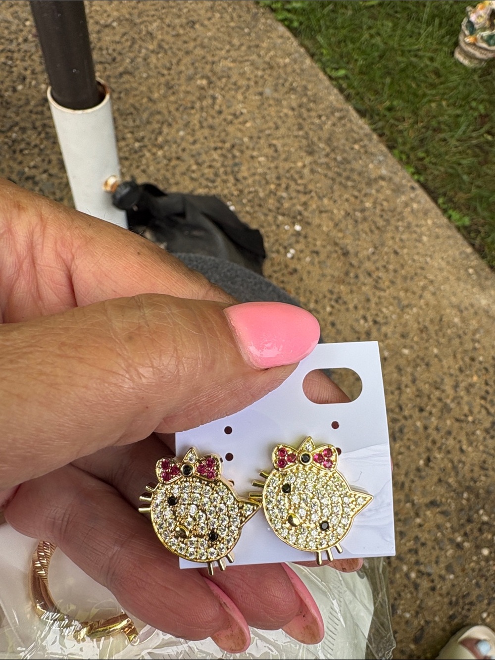 Gold-Tone Kitty Crystal Stud Earrings with Pink Bow Accents